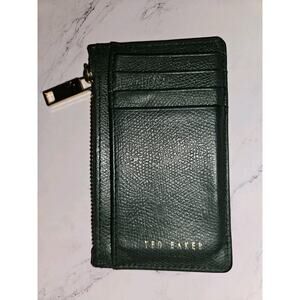 Ted Baker Green Pebbled Leather Zip Coin Purse Card Holder Wallet Gold Logo 5x3
